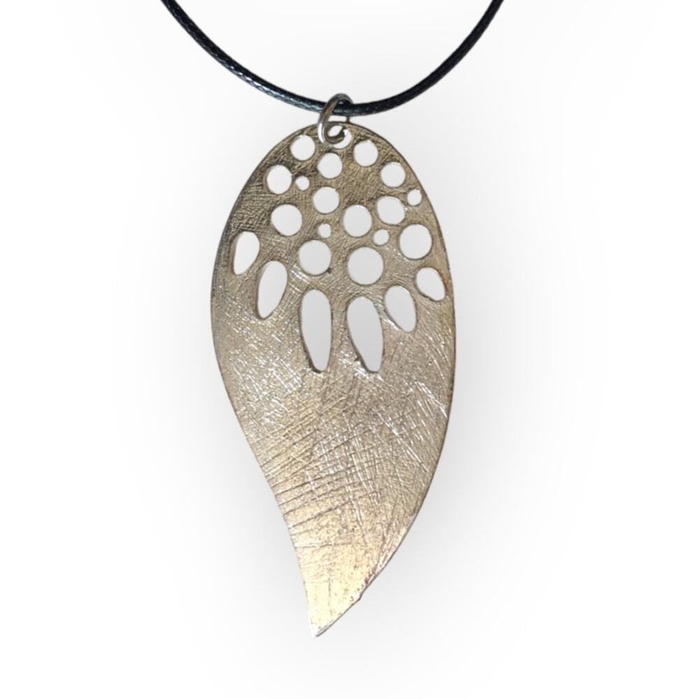 Abstract angel wing upcycled pendant necklace, textured silver tone